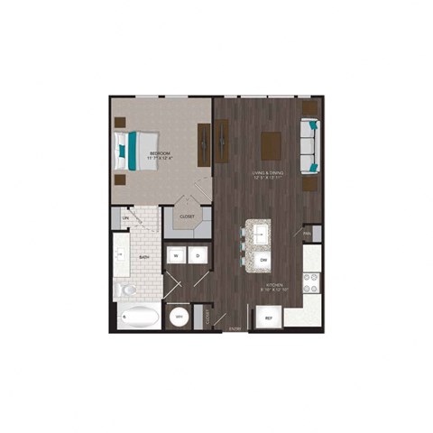 Floor plan for 1 bed, 1 bath, 737 sqft